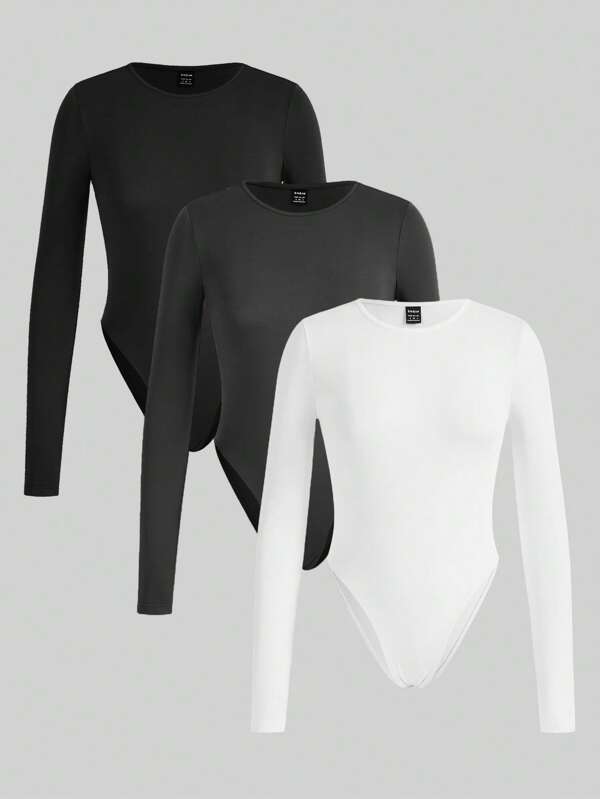 SHEIN EZwear 3 pezzi Body a maniche lunghe casual e minimalista da donna, adatto per tutte le stagioni