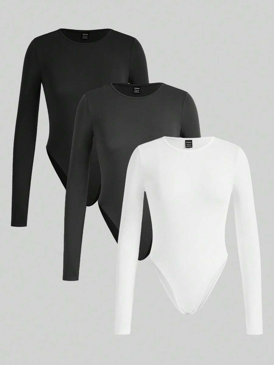 SHEIN EZwear 3pcs Women's Casual Minimalist Long Sleeve Bodysuit, Suitable For All Seasons Fall Clothes
