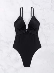 Swim Basics 1 件女士纯色细肩带镂空性感泳衣 - 黑色 - 查看 7