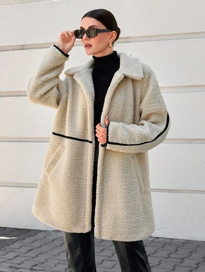 CLARA VERO Women's Teddy Coat, Longline Fit, Contrast Trim, Faux Shearling Jacket, Lapel Collar, Side Pockets, Warm & Cozy, Sherpa Long Coat, Minimalist Style, Winter Essential,Coats,Jackets