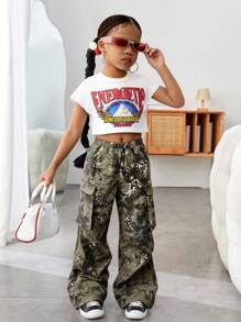 SHEIN Young Girl Chiffon Ditsy Floral Loose Casual Pants Girls Camo Pants Girls Cargo Pants Camo Cargo Pants Girls Printed Cargo Pants Girls Wide Leg Cargo Pants Fall Winter