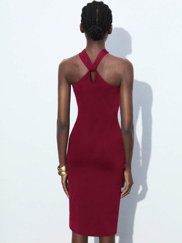 SHEIN Maija 2025 Novo Vestido Elegante com Decote Halter e Decoração Metálica na Cor Borgonha, Adequado para Ambiente Urbano Moderno, Trabalho Romântico, Casual Business, Uso Corporativo, Ocasiões Formais, Casamentos, Festas, Concertos, Uso Casual Diário, Halloween, Natal, Dia Nacional, Ano Novo