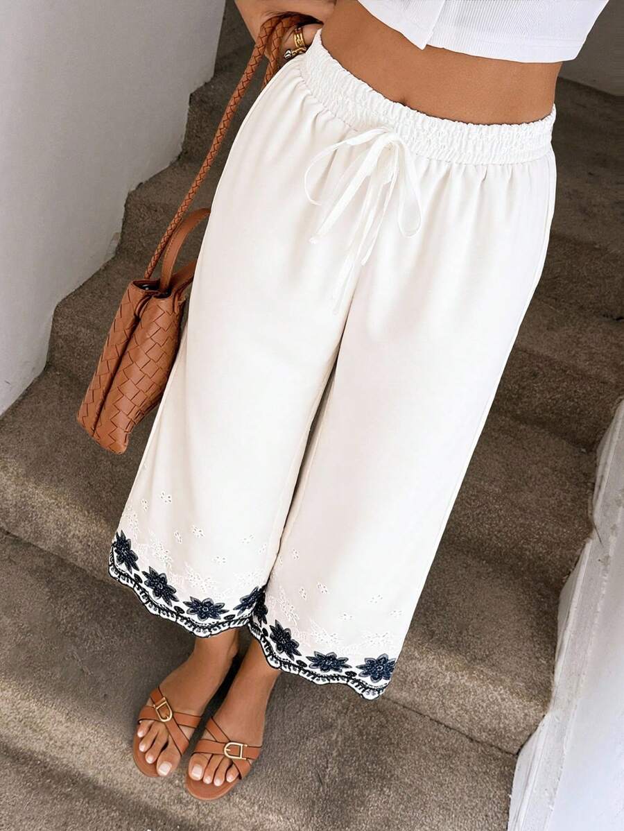 SHEIN LUNE 教师闪亮雪纺飘逸舒适夏季裤子，松紧腰带，适合浪漫假期和日常穿着西部波西米亚风全白派对返校教师涤纶女裤甜美裤宽松裤 - 杏色 - 查看 1