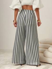 Vixey 女士休闲条纹宽松阔腿裤，斜口袋，商务休闲，办公室 - 黑與白 - 查看 2