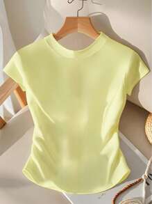 GlowEve Women's Casual Solid Color Button-Front Ruched T-Shirt, Summer - Yellow - View 2