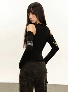 Rina Fox Women's Letter Print Hollow Out Round Neck Casual Long Sleeve Top Fall Cloth For Women - Black - View 3