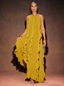Hauture Sexy Summer Boho Vacation Solid Frill Detail Open Back Maxi Dress - Yellow - View 3