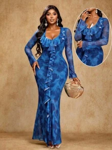 Brilight 女式优雅性感印花网眼长袖 V 领荷叶边下摆长裙 - 藍色 - 查看 1