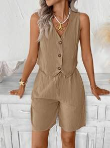 Easowa Women's Casual Solid Color Spring/Summer Clothing, Daily Basic Sleeveless Top/Tank, Shirt, Bermuda Shorts 2 Pieces Set