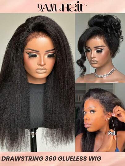 Kinky Straight Invisi-Drawstring Flexible Fit 360 Lace Front Glueless Wig With 4c Kinky Edges Pre Cut Lace Pre Plucked Bleach Knots Human Hair Wig 180 Density Wear And Go Wig