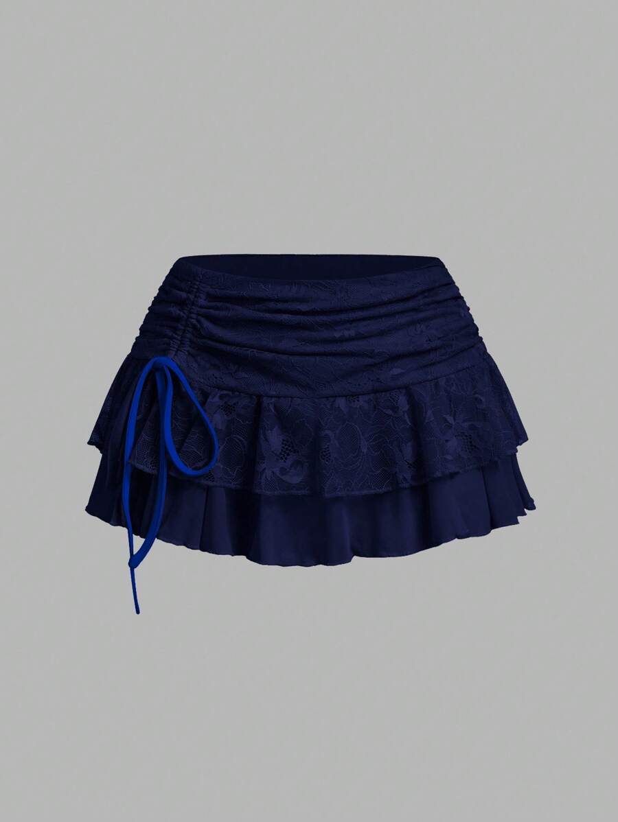 SHEIN Sweetina Chân váy xếp ly buộc cao xẻ tà cao cấp bằng lưới và ren cho nữ - Màu xanh hải quân - Xem 1