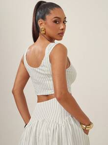 Vixey Striped Print Round Neck Front Button Cropped Sleeveless Top, Business Casual, Office - Multicolor - View 2