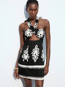 Maija Damen Herbst Twist Neckholder figurbetontes Urlaubskleid mit Blume Muster, Hohlwaise, elastischer Seitenreißverschluss, elegantes Boho Beach Resort Minikleid - Schwarz - Übersicht 7