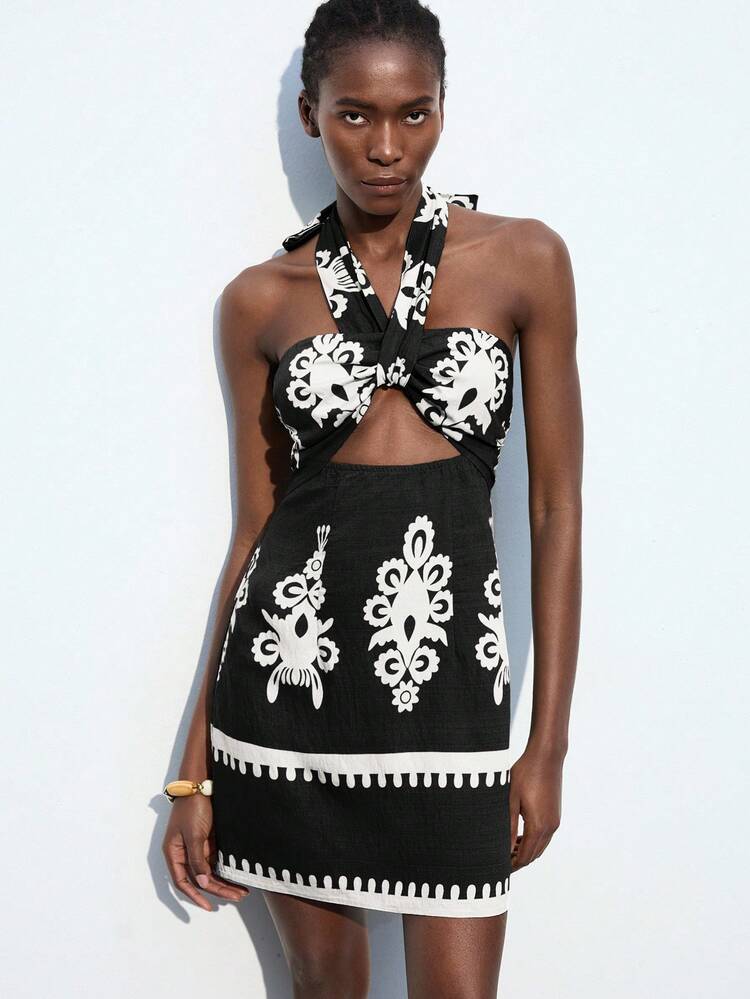 SHEIN Maija 여성 가을 트위스트 홀터넥 피티드 베케이션 플로럴 프린트 할로우 웨이스트 엘라스틱 사이드 지퍼 엘레강트 보헤미안 비치 리조트 미니 드레스