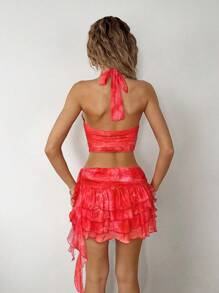 SHEIN ICON Conjunto de top halter retorcido y sexy con abertura y falda de volantes tipo pastel, estilo Y2K - Rojo - Ver 2