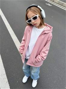 Elladie kids Back To School Fall Clothes Coral Pink Hooded Jacket For Girls With Zipper And Long Regular Sleeves Girls Hooded Jacket Girls Zip Up Jacket Girls Casual Jacket Girls Outerwear Girls Light Jacket Girls Hooded Zip Up Jacket Girls Lightweight Jacket Girls Pink Hoodie Kids Zip Up Hoodie Winter - Coral Pink - View 9