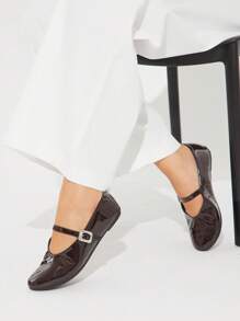 Solezae Women's Blod Buckle Wide Open Round Toe Shiny Pu Brown Mary Jane Flats-Luxe-Feeling For Office To Dinner - Chocolate Brown - View 7