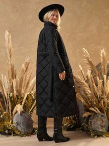 Bóhologie Plain Front Button Long Sleeve Warm Winter Coat - Black - View 2