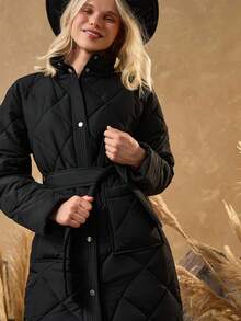 Bóhologie Plain Front Button Long Sleeve Warm Winter Coat - Black - View 6