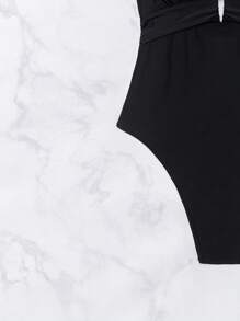 Swim Basics 1 件女士纯色细肩带镂空性感泳衣 - 黑色 - 查看 4