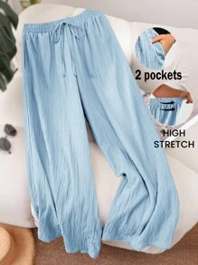 SHEIN CURVE+ Plus Size Women's New Spring/Summer Business Casual Beach Outfit, Fashionable Commuter Elegant Purple Lotus Root Pink Wide Leg Pants With Pockets, Beach Holiday Attire - Baby Blue - View 11