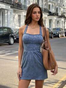 Innovista 女士无缝扎染运动网球裙内置短裤牛仔效果印花运动复古健身连体衣可拆卸垫弹性健身连体衣运动服露背透气运动连体衣纯色日常基本款返校活力秋季健身系列厚底Lulu替代品优质、实惠、经济实惠的健身服、体育训练、有氧运动 - 藍色 - 查看 7