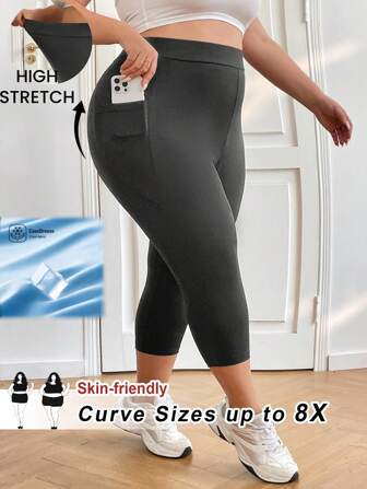 SHEIN CURVE+ 加大码女士黑色弹力修身七分紧身裤，亲肤舒适（带手机口袋）