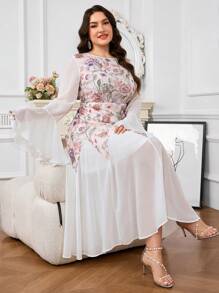 Modelyn Plus Size Elegant Blommig Patchwork Midiklänning med Utsvängda Ärmar - Multifärgad - Visa 4