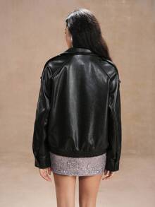 SHEIN Unity New Motorcycle Leather Jacket, Classic Elegant Minimalist Zipper Stylish Black Versatile PU Leather Jacket With Pockets Fall Winter Cloth For Women