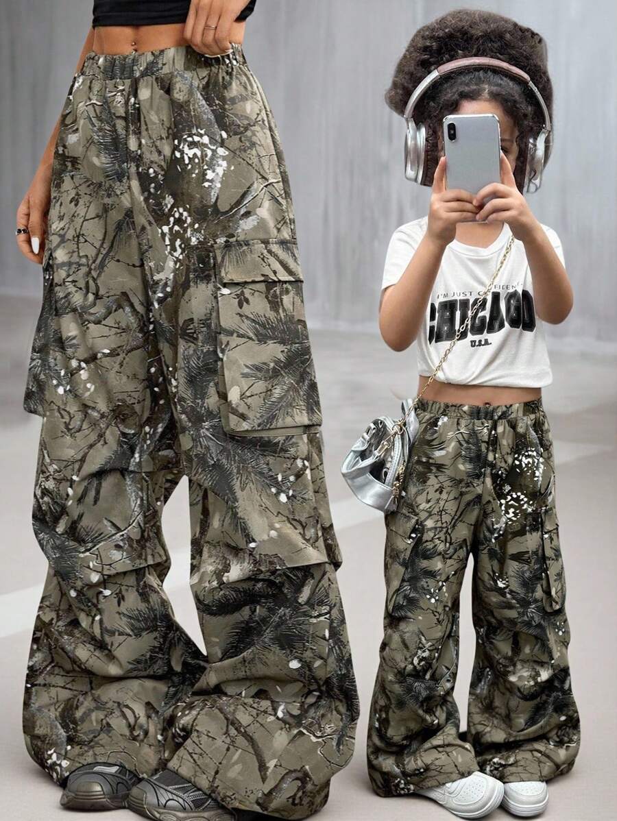 SHEIN Young Girl Chiffon Ditsy Floral Loose Casual Pants Girls Camo Pants Girls Cargo Pants Camo Cargo Pants Girls Printed Cargo Pants Girls Wide Leg Cargo Pants Fall Winter