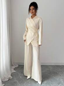 Modelyn 女士春秋梭织领长袖系带休闲两件套服装