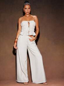 Hauture Pantalon long large en lin semi-transparent couleur unie de style simple pour les vacances d'été