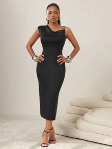 Metal Chain Strap Asymmetrical Draped Neck Midi Dress, Business Casual Woman, Office Outfit - Black - View 3