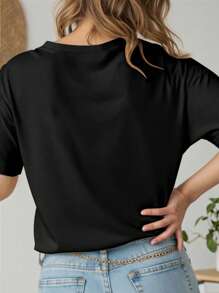 SHEIN LUNE 大码女式夏季口号和铅笔印花宽松休闲短袖 T 恤，背面上衣，适合学校，适合老师 - 黑色 - 查看 2