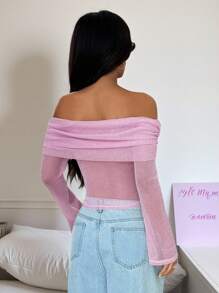 SHEIN EZwear 女式新款露肩喇叭袖闪光网眼衬衫 - 淺粉色 - 查看 2