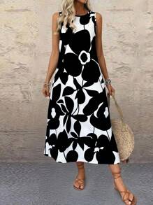 SHEIN LUNE 女式无袖印花宽松长款连衣裙 - 黑色 - 查看 5