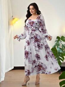 Modelyn Plus Size Elegant Floral Print Square Neck Waist Cinching Midi Dress - Multicolor - View 5