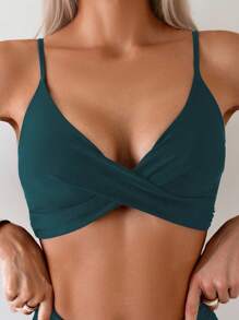 女士夏季沙灘泳衣純色交叉領口比基尼套裝 - 墨綠色 - 查看 3