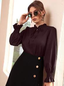 Modelyn Áo cánh dài tay thanh lịch cổ bèo nhún màu trơn cho nữ, mùa thu - Cà phê nâu - Xem 3