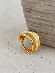 Opalesca 1 件珍珠/珍珠母，纹理，金属/金属质感，串珠 18k 金叶珠开口戒指，优雅，可爱，奢华，派对，休闲，工作，婚礼，节日，度假，露营，Y2K/妈妈/女士/女孩/秋季/秋季/冬季/节日/假日/度假/老钱/万圣节