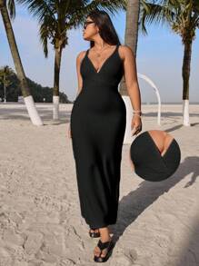 Veykashi Plus Size Spring And Fall Holiday Solid Color Black Crochet Long Sweater Dress Suitable For Going Out,Homecoming Dress Chic Dress - Black - View 3