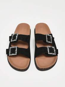 Solezae 女士经典双带扣绒面革黑色 AZ 软木鞋床凉鞋 - 闪亮水钻扣，优雅、防滑、舒适 - 黑色 - 查看 4