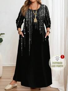 EMERY ROSE 大码长袖圆领闪光星星印花宽松连衣裙，适合秋冬季 - 彩色 - 查看 1