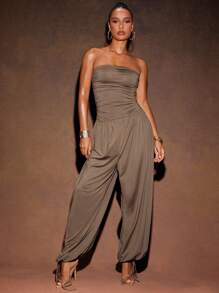 Hauture Women's Sexy Summer Vacay Jersey Sleeveless Side Ruched And Drawstring Hem Jumpsuit - Khaki - View 1
