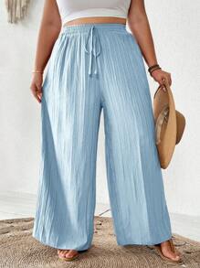SHEIN CURVE+ Plus Size Women's New Spring/Summer Business Casual Beach Outfit, Fashionable Commuter Elegant Purple Lotus Root Pink Wide Leg Pants With Pockets, Beach Holiday Attire - Baby Blue - View 4