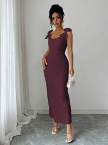 Elenzga Vestido Longo Elegante Sem Mangas Feminino com Decoração de Laço, Casual para Ir ao Trabalho, Férias, Chá da Tarde, Festa, Cor Sólida, Estilo Francês Romântico Siciliano, Primavera/Verão
