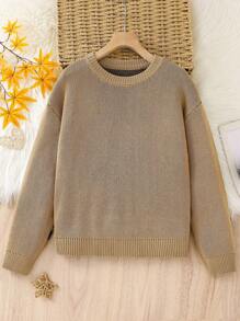 SHEIN Tween-Jungen Lässiger Rundhalspullover mit Buchstabengrafik im koreanischen Stil, lockerer Strick, geeignet für Pendeln, Schule, Alltagskleidung, Sport, Herbst/Winter - Khaki - Übersicht 4