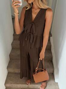 Easowa 夏季休闲度假亚麻色镂空刺绣系带无袖蝴蝶结上衣和纯色纹理超长阔腿裤，优雅的度假装，适合日常穿着，音乐节，复古风格图案衬衫，波西米亚风格 - 棕色 - 查看 4