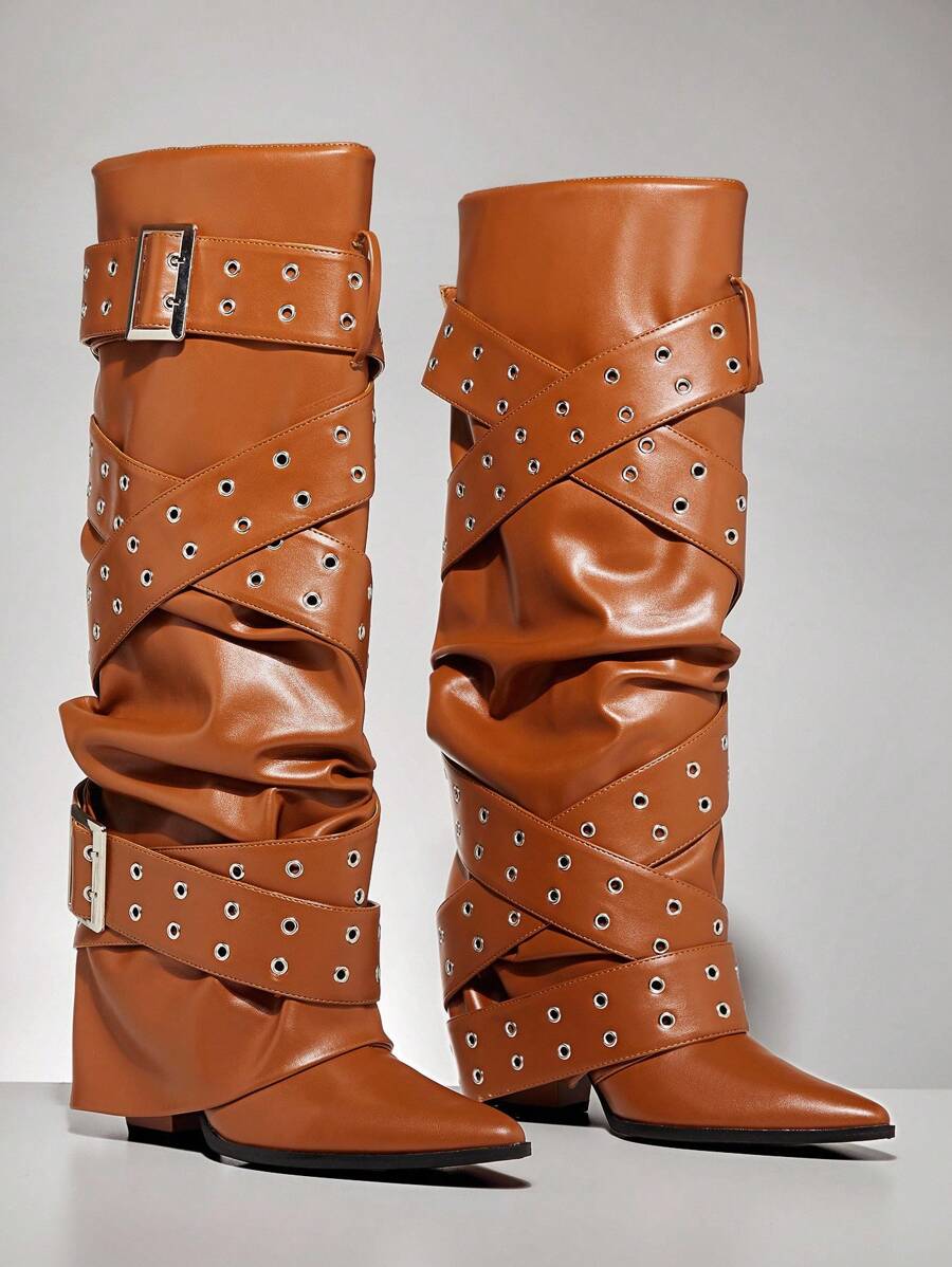 SHUZIA 女士时尚性感及膝高跟靴，金属扣装饰 - 駝色 - 查看 1