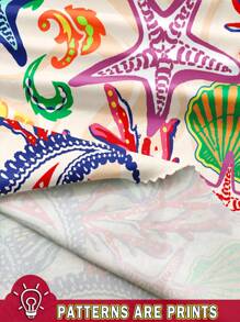 Soleia Women Casual Vacation One Shoulder Ruched Fitted Asymmetrical Hemline Blouse, Suitable For Summer, Ocean Element Print, Starfish Print, Shell Print,Sexy Cute Y2K Coconutgirl Boho Music Festival